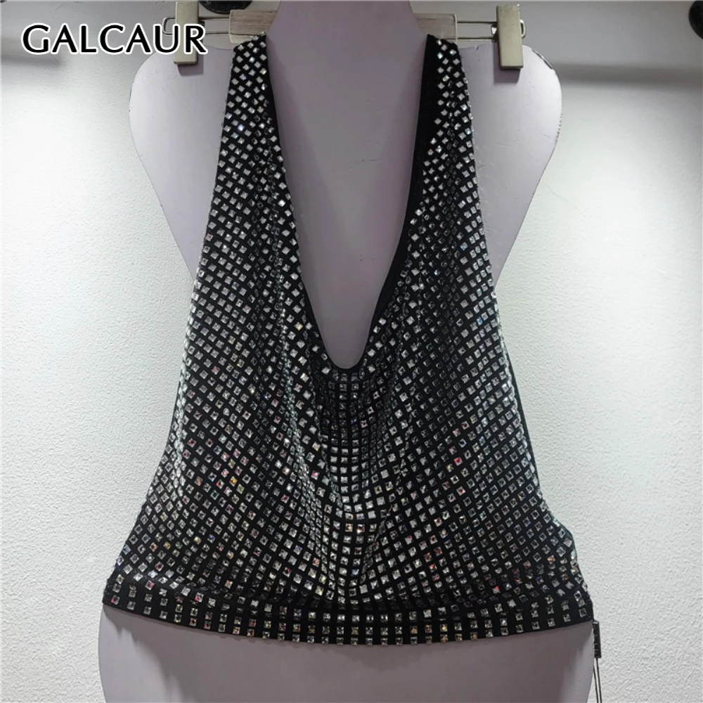 

GALCAUR Solid Spliced Diamonds Temperament Vest Female Halter Sleeveless Loose Hot Girl Women's Vests Fashion Summer Style New