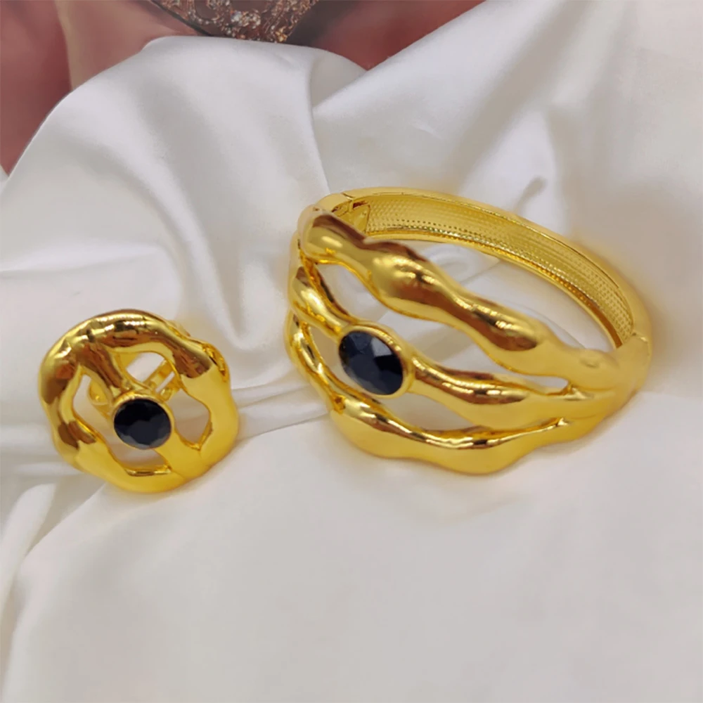 Brazilian Zircon Bangle Ring Set for Party Women Fashion Gold Color Hollow Out Hand Bracelet Finger Ring 2Pcs Set for Nigerian