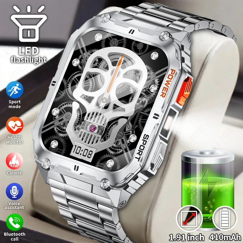 

Умные часы LIGE с HD-экраном 1,91 дюйма для мужчин, для спорта на открытом воздухе, фитнеса, со светодиодным фонариком, монитором здоровья, водонепроницаемые по стандарту IP68