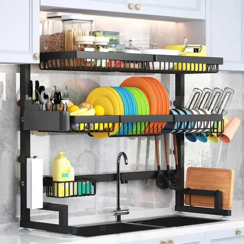 Over The Sink Dish Drying Rack (Expandable Height and Length) Snap-On Design 2 Tier Large Dish Rack Stainless Steel