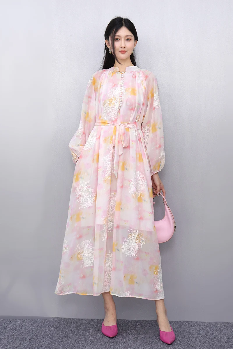 

2025 Summer New Fashion Elegant Printed Loose Long Dresses Women Short Sleeve Dress Ladies Wholesale J976