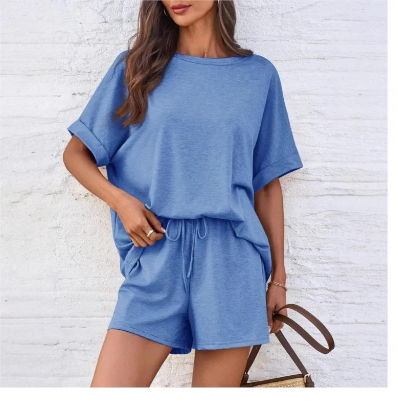 

Summer Loose Casual Sport Sets Women Round Neck Bat Short-sleeved T-shirt Tie-line Shorts Set Solid Sportswear For Women 2025