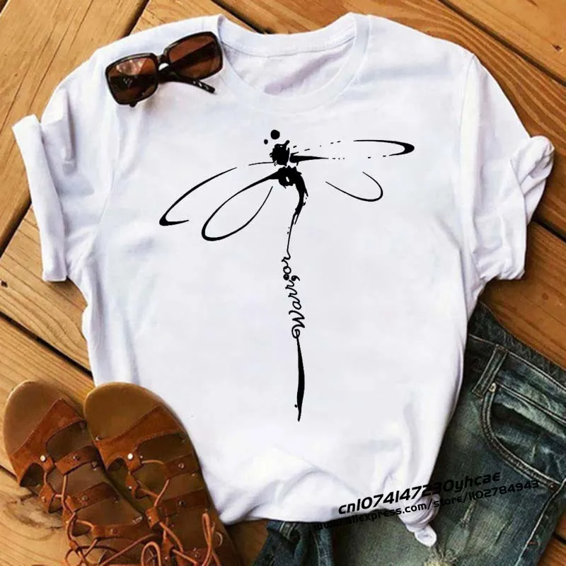 Sunflower with Dragonfly Women Tshirt Harajuku Short Sleeve Black T Shirts Cartoon Casual Tops Tees Clothes