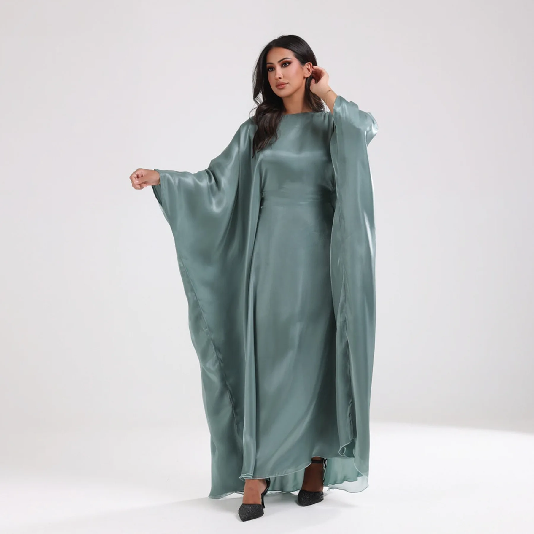 

Dubai Ramadan Shiny Satin Abaya Muslim Batwing Sleeve Maxi Dress Kebaya Women Kaftan Arab Robe Islamic Musulmane Femme Vestidos