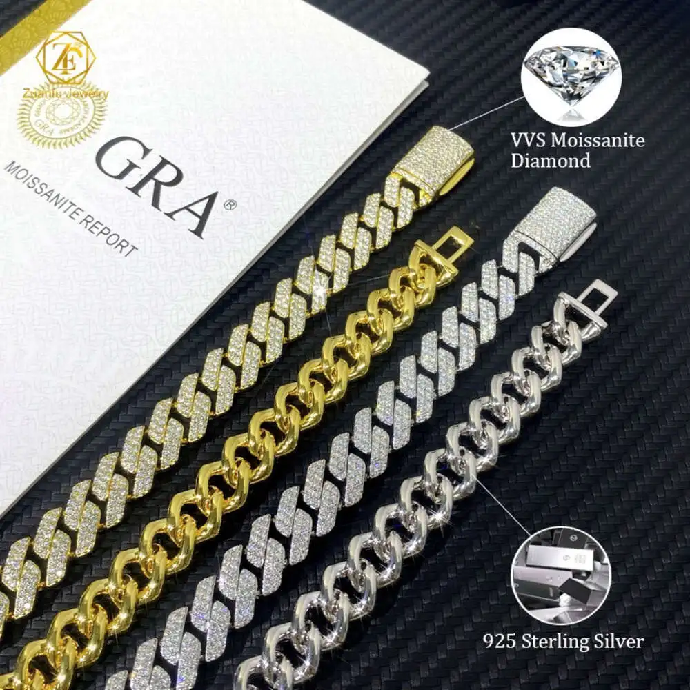 Hip Hop Diamond Chains in Silver 925 Vvs Moissanite 12mm Cuban Link Chain Women Men Cluster Cuban Necklace 8m 13mm 15mm Wide