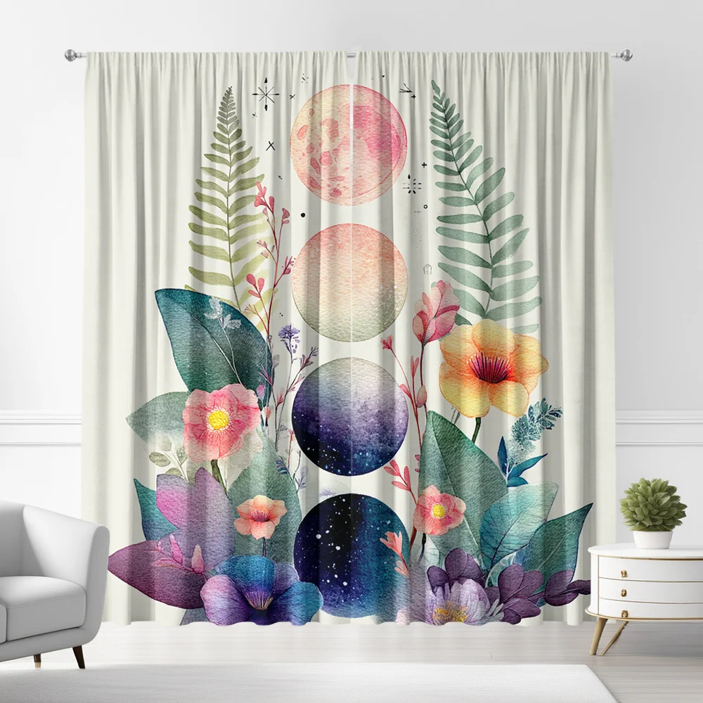 Pastel Watercolor Planet Floral Curtain Panels, Fern Leaf Gradient Cosmic Ball Bloom Full Print Drapes For Living Room Apartment