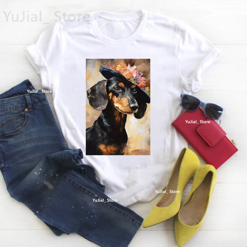 

Impressionist Painting Dachshund Animal Print T-Shirt Women'S Clothing Funny Dog Tshirt Femme Summer Tops Short Sleeve T Shirt