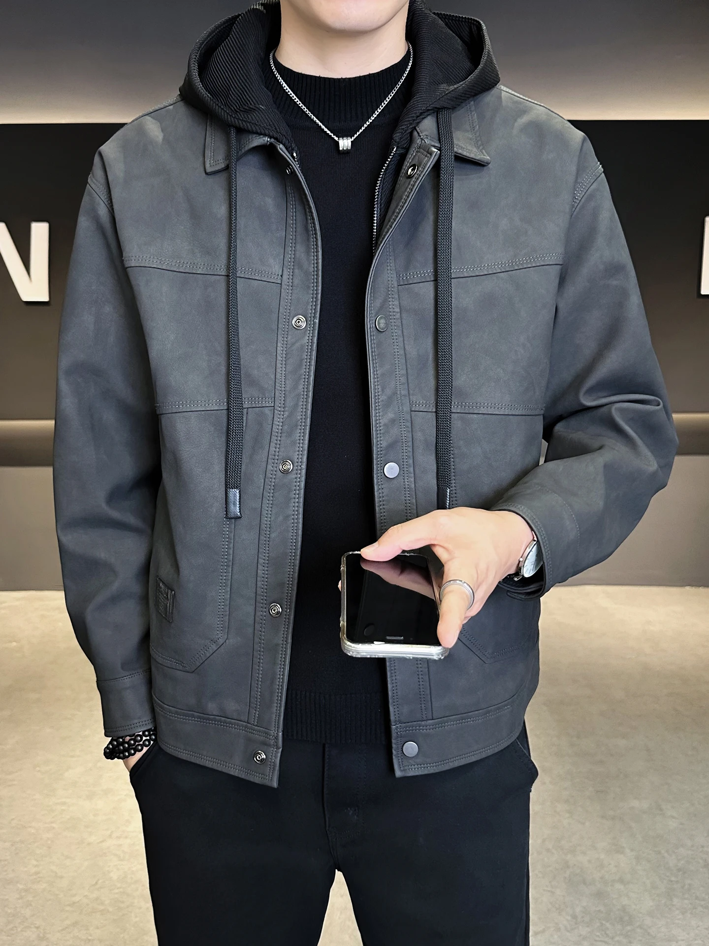 

Крутая мужская куртка из искусственной кожи со съемным капюшоном High Street Sle, осень-зима, новый модный бренд, молодежная энергетическая искусственная кожа