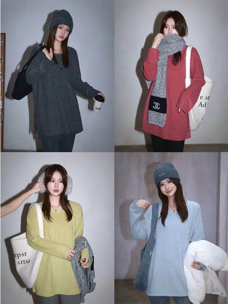 

Женская зимняя кофта больших размеров с длинным рукавом, имитирующая мех, с боковым разрезом, однотонная, свободного кроя, для полных женщин