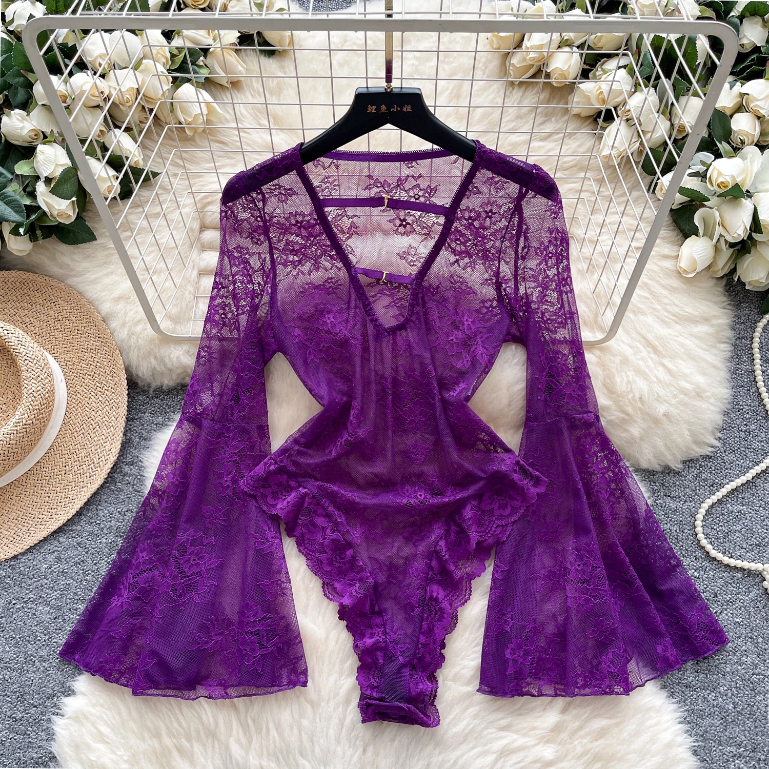 

2025 Long Flare Sleeves Lace Playsuits Deep V Hollow Out Open Crotch Rompers Female Senior Sexy Streetwear Gauze Bodysuits Women
