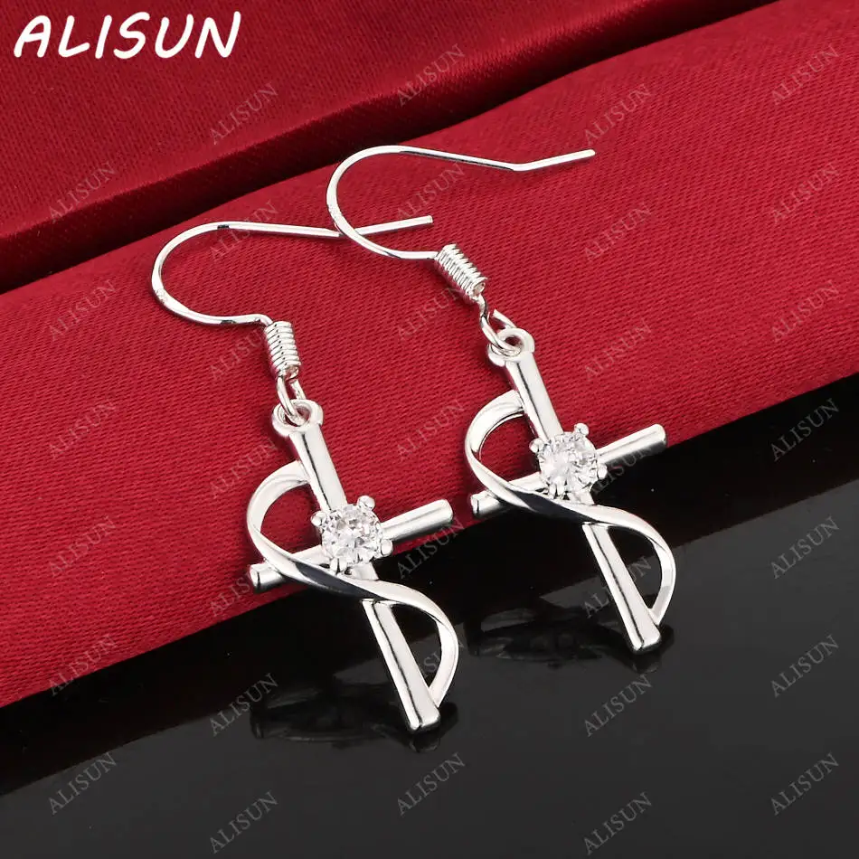 

ALISUN 925 Sterling Silver Zircons Cross Earrings Drop Earrings Fashion Jewelry Charm Grace Noble Wedding Accessories
