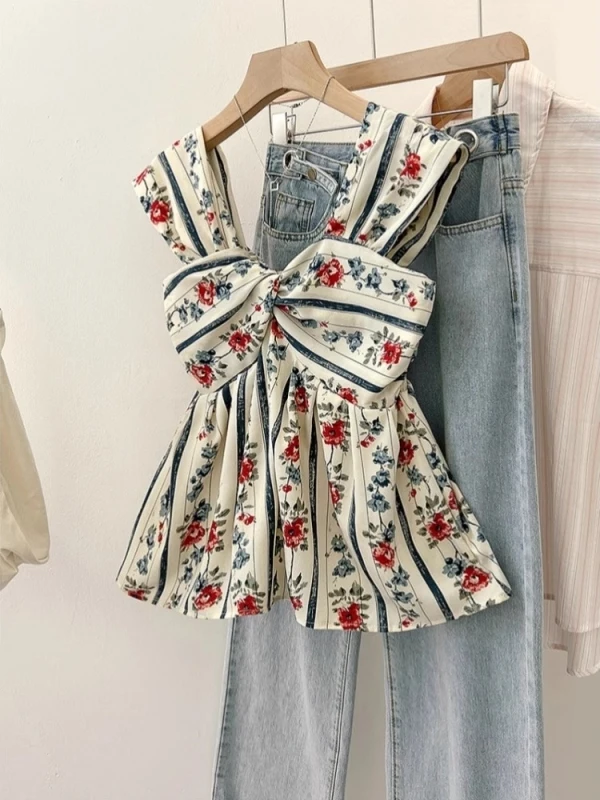 Retro Ele Schöner Blumendruck ter Ne irt Damen Sommer Neue Taille Schlankheitsdesign Knoten Top Französische Sle Loose Fit