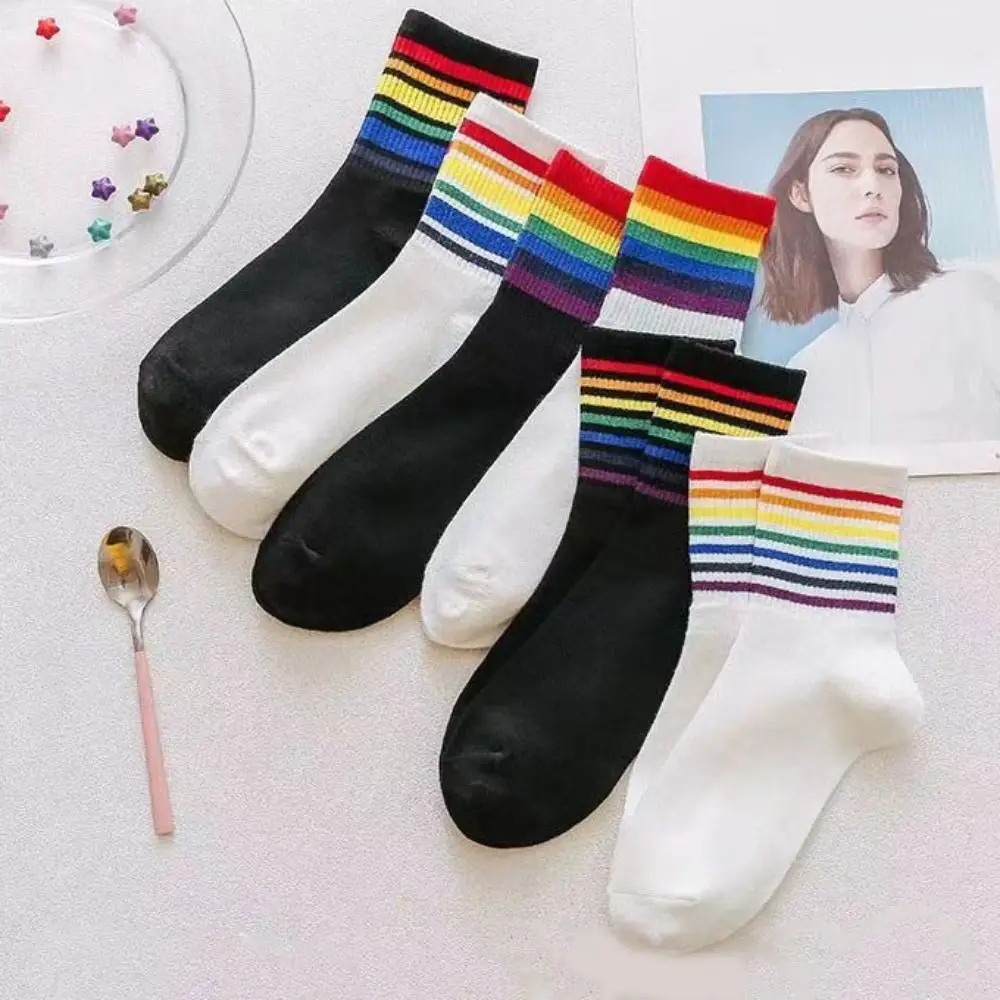 

6 пар мягких разноцветных носков в радужную полоску до середины икры Y2K радужные носки-трубы дышащие лоскутные хлопковые носки модные
