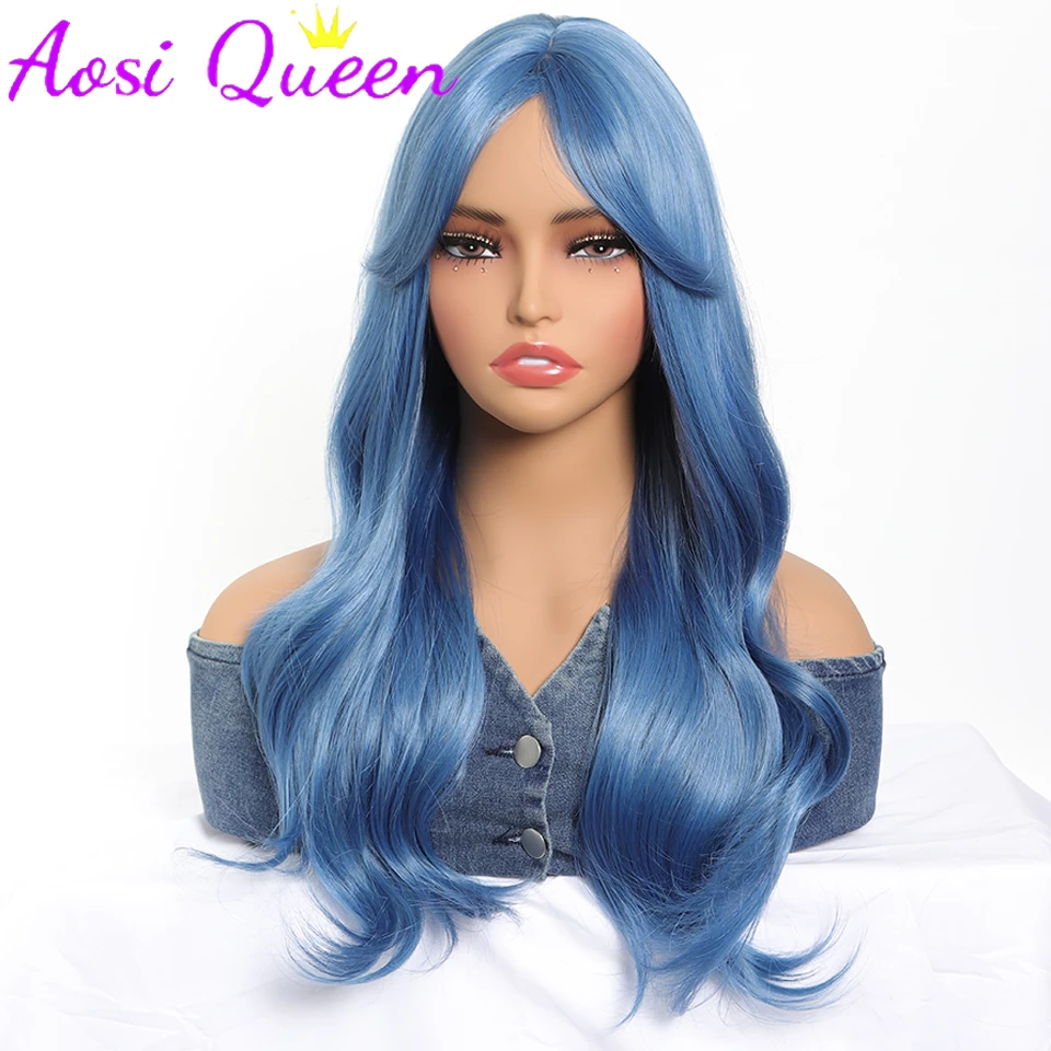 AosiQueen Misty Blue Long Wavy Synthetic Wigs Middle Part Natural Wave Wig Heat Resistant Cosplay Party Daily Hair Wig for Women