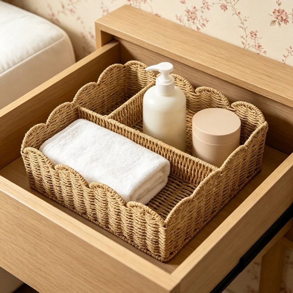 Rattan Effect Scalloped Edge Storage Basket Handles Woven Woven Storage Basket Plastic Handwoven Organizer Basket
