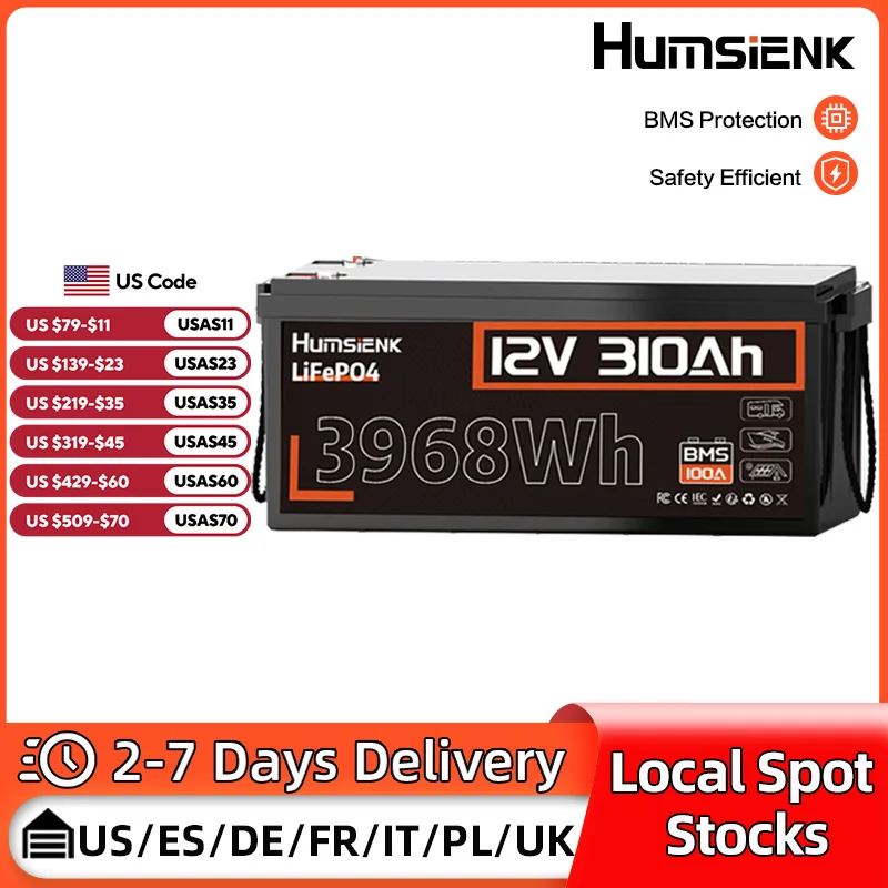 

Humsienk 12V 310Ah LiFePO4 Battery 3968Wh Energy 100A BMS A+ Cells With 2-Year Warranty,UL1973,For RV, Van, Trolling Motor,Camp