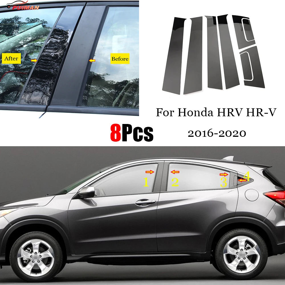 

8PCS Black Polished Pillar Posts Window Trim Cover BC Column Sticker Fit For Honda HRV HR-V Vezel 2014 - 2020