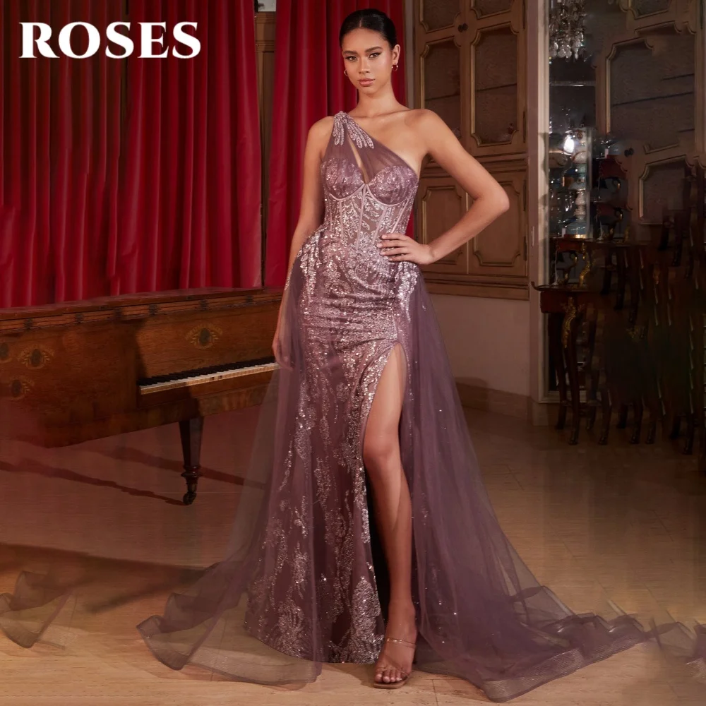 

ROSES Sexy Modern Style Prom Dresses One Shoulder Sweetheart Prom Gown Gorgeous Sequins Side High Split Formal Gown Customized