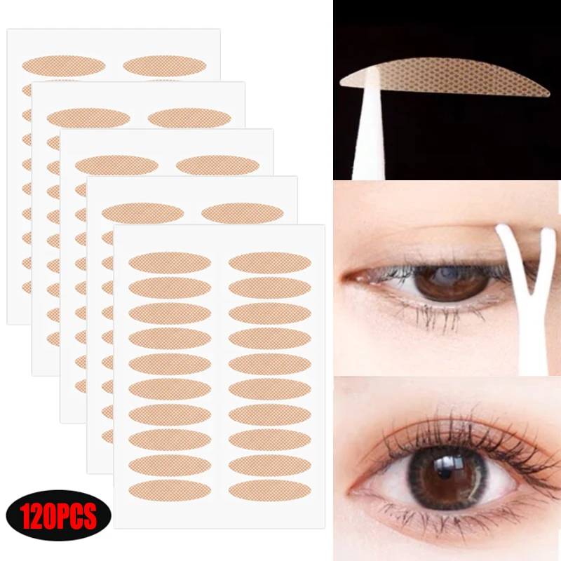 120pcs Eyelid Tape Sticker Invisible Double Fold Eyelid Lace Paste Clear Beige Stripe Self-adhesive Natural Eye Tape Makeup Tool