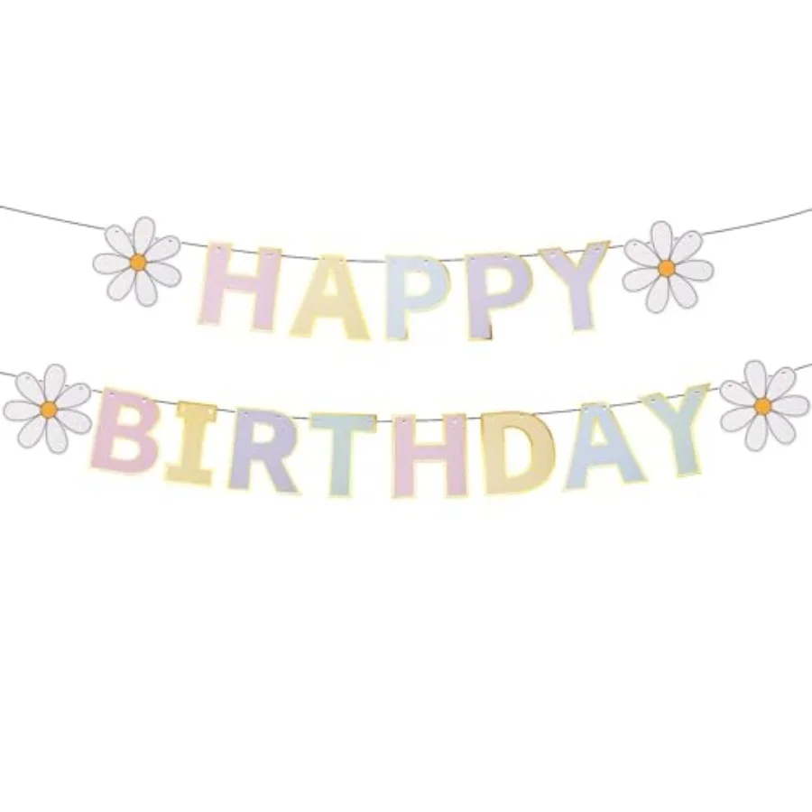 Happy Birthday Banner, Pastel Party Decorations Daisy Colorful Letters DIY Hanging Sign Bunting Garland Backdrop Supplies Women