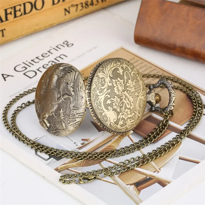 

Retro Dinosaur Forest Animal Themed Arabic Number Quartz Movement Clock for Men Women Necklace Chain Timepiece Gift