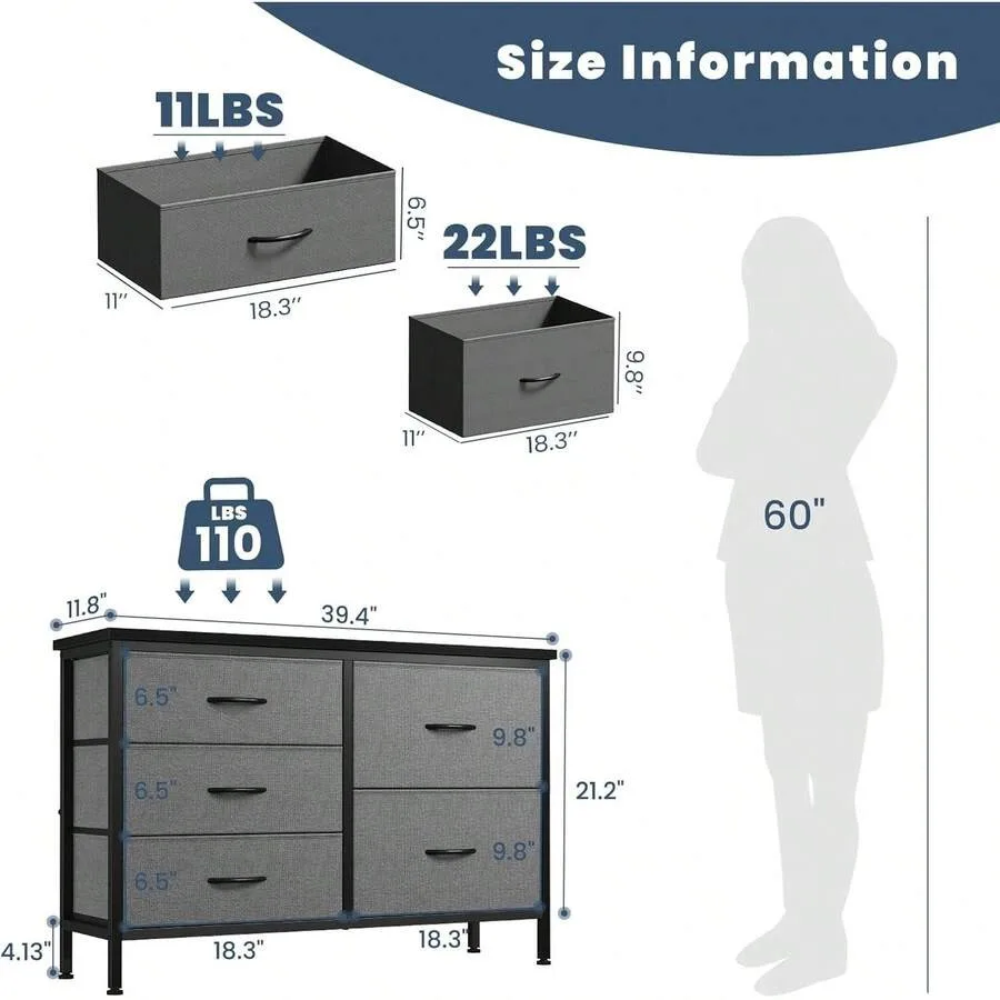 Sweetcrispy 5 Storage Drawers, TV Stand For Living Room, Fabric Dresser For Bedroom With Metal Frame, Spacious Storage Organize