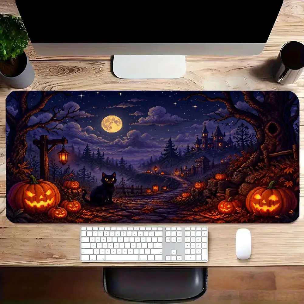 Halloween Pixel Gothic Mouse Pad Large Non-Slip Desk Mat with Pumpkin Witch Haunted Castle Art for Gaming Surface