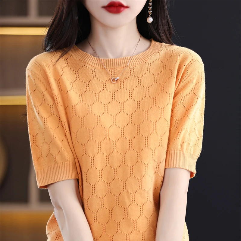 2023 new 100% cotton women\'s short-sleeved round neck knitted pullover women\'s short-sleeved loose fashion T-shirt top