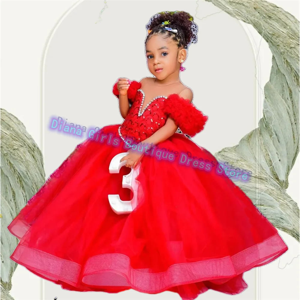 

Lovely Red Flower Girl Dress Tulle Fluffy Sheer Neck Pleated Ruffles Tiered for Wedding Ball Dresses Kids Birthday Party Gowns