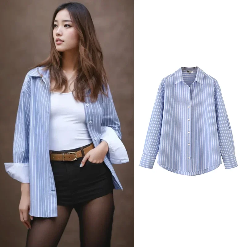 

Новинка 2023 года, блузки, женские рубашки, весенние шикарные элегантные полосатые свободные блузки, уличная мода, рубашки с джокером и длинными рукавами для молодых студентов