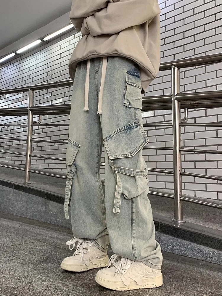 

American High Street Multi-Pocket Workwear Jeans Men's Autumn Winter Loose Straight Leg Wide Leg Casual Trousers