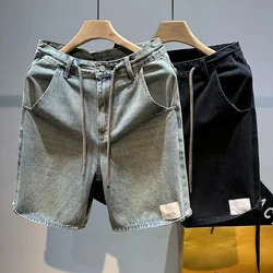 Male Denim Shorts Text with Pockets Drawstring Men's Short Jeans Pants Vintage New in Streetwear Thin Korean Fashion Trend 2024