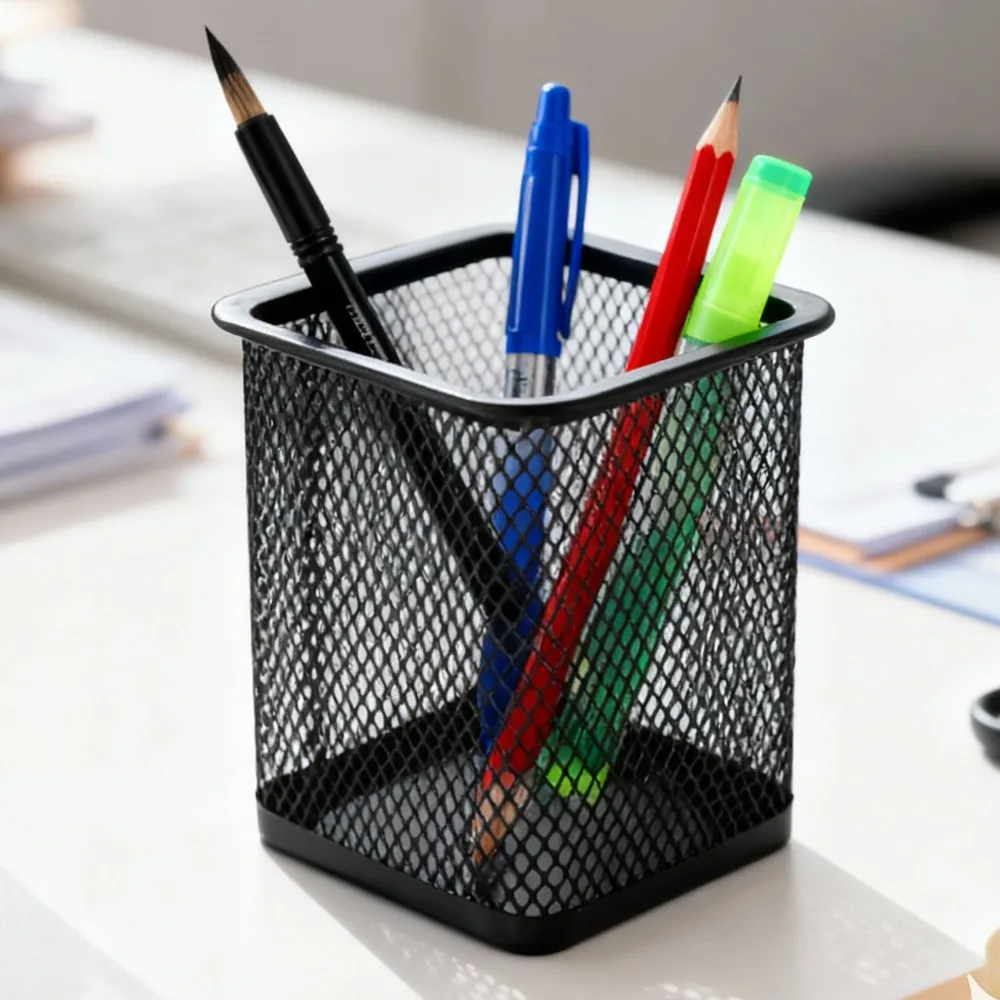 2 pcs Metal Pen Holder Square Shape Solid Structure Desktop Organizer Smooth Surface Stable Base Storage Bucket Office Desktop