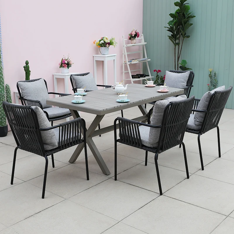 Outdoor Table Set Terrace Solid Wood Patio Waterproof Simple Modern Balcony Rope Woven Creative Rattan Chairs Garden