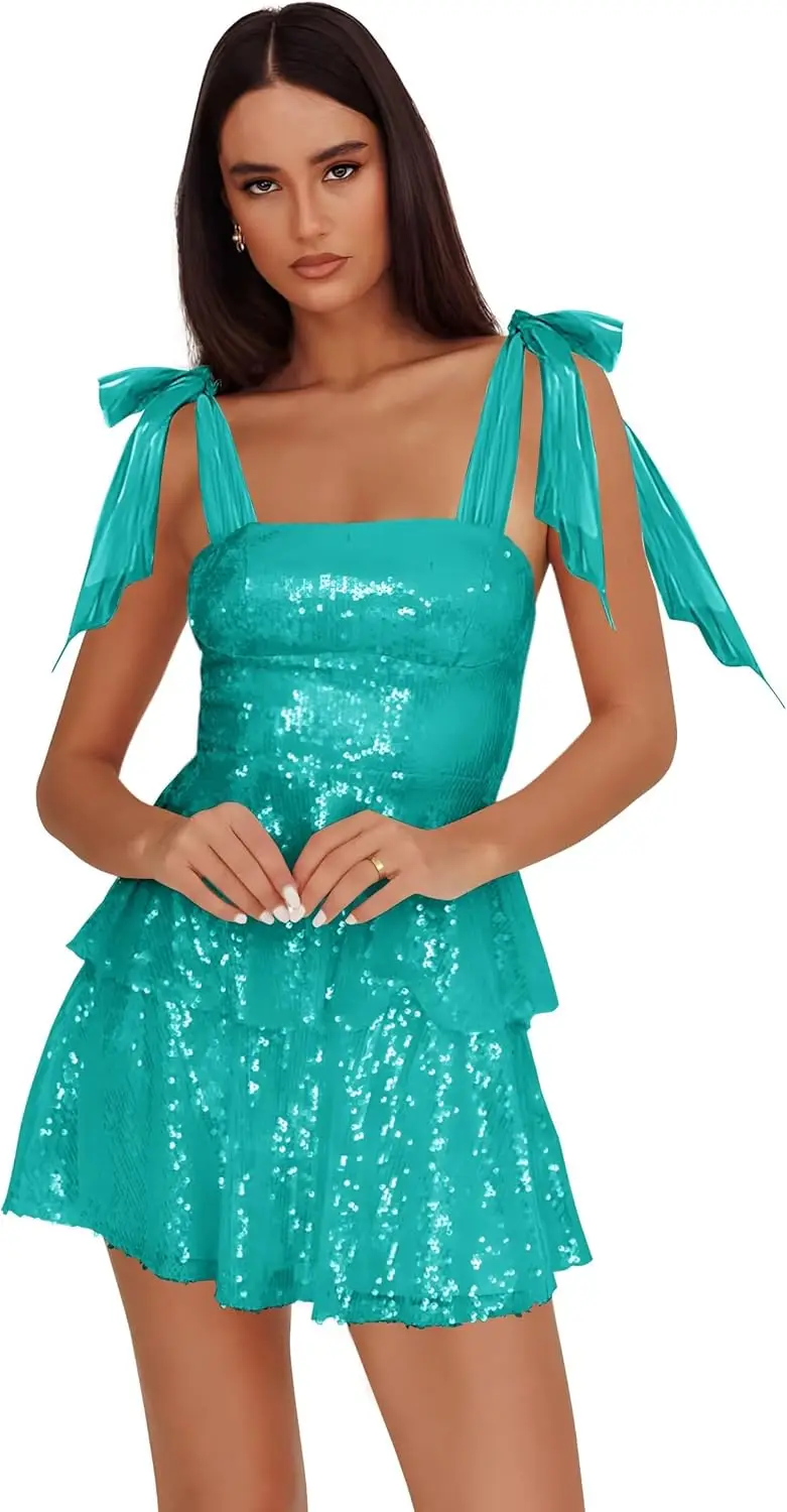 

Блестящие многоярусные платья для встречи выпускников с блестками для подростков, короткое платье трапециевидной формы на бретельках для выпускного вечера с бантом, коктейльные вечерние платья, вечерние платья