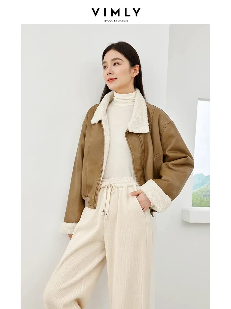 Vimly 2023 Winter Thick Cropped Leather Jacket Women Lapel Zipper Office Lady New in Outerwears Casual Women Coat Clothing M5569