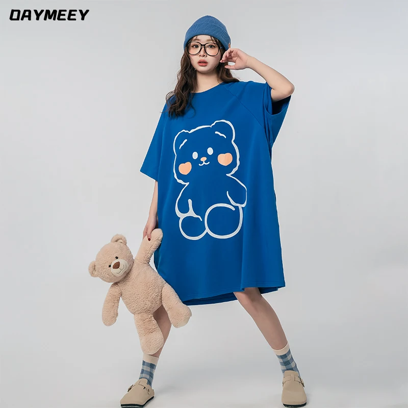 Pajama Dress Summer Women's 2024 New Spring Pure Cotton Short Sleeved Pajamas Blue Teddy Bear Cute Loose Fitting Home Clothes