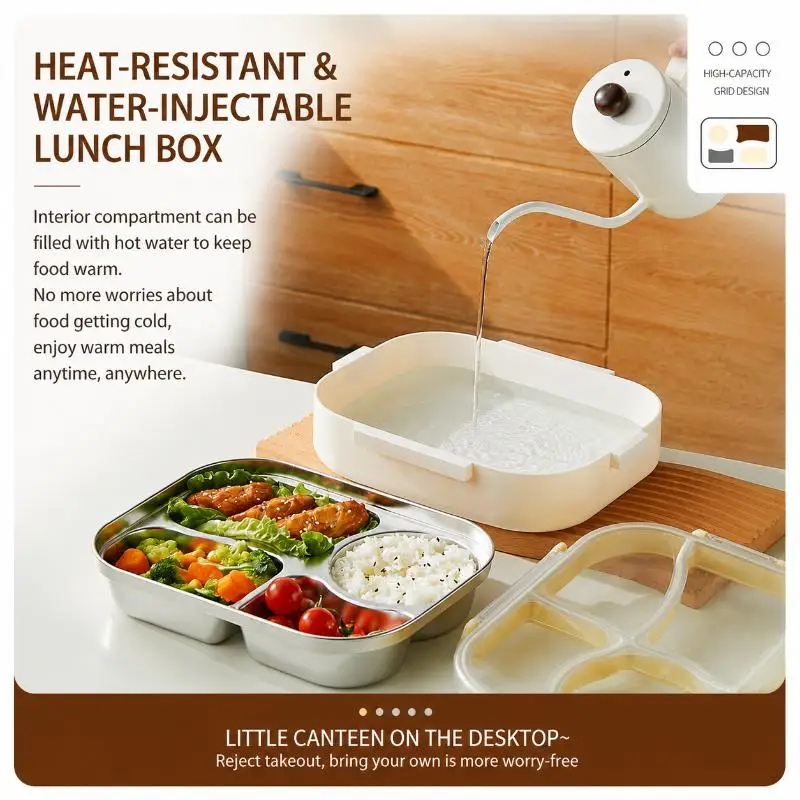 304 Stainless Steel 4 Compartment Bento Box Leak Proof Lunch Container For Picnic School Office
