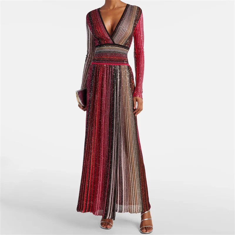 

Womens dresses New elastic knitted V-neck long dress for summer 2025 Metal yarn blended stripes midi dresses y2k party dresses