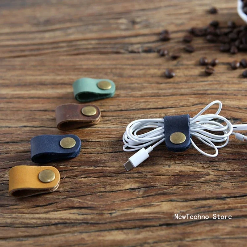 Genuine Leather Cable Organizer Vintage Earphone Wire Data Line Clips Cable Winder Tie Cable Management Cord Organizer Office