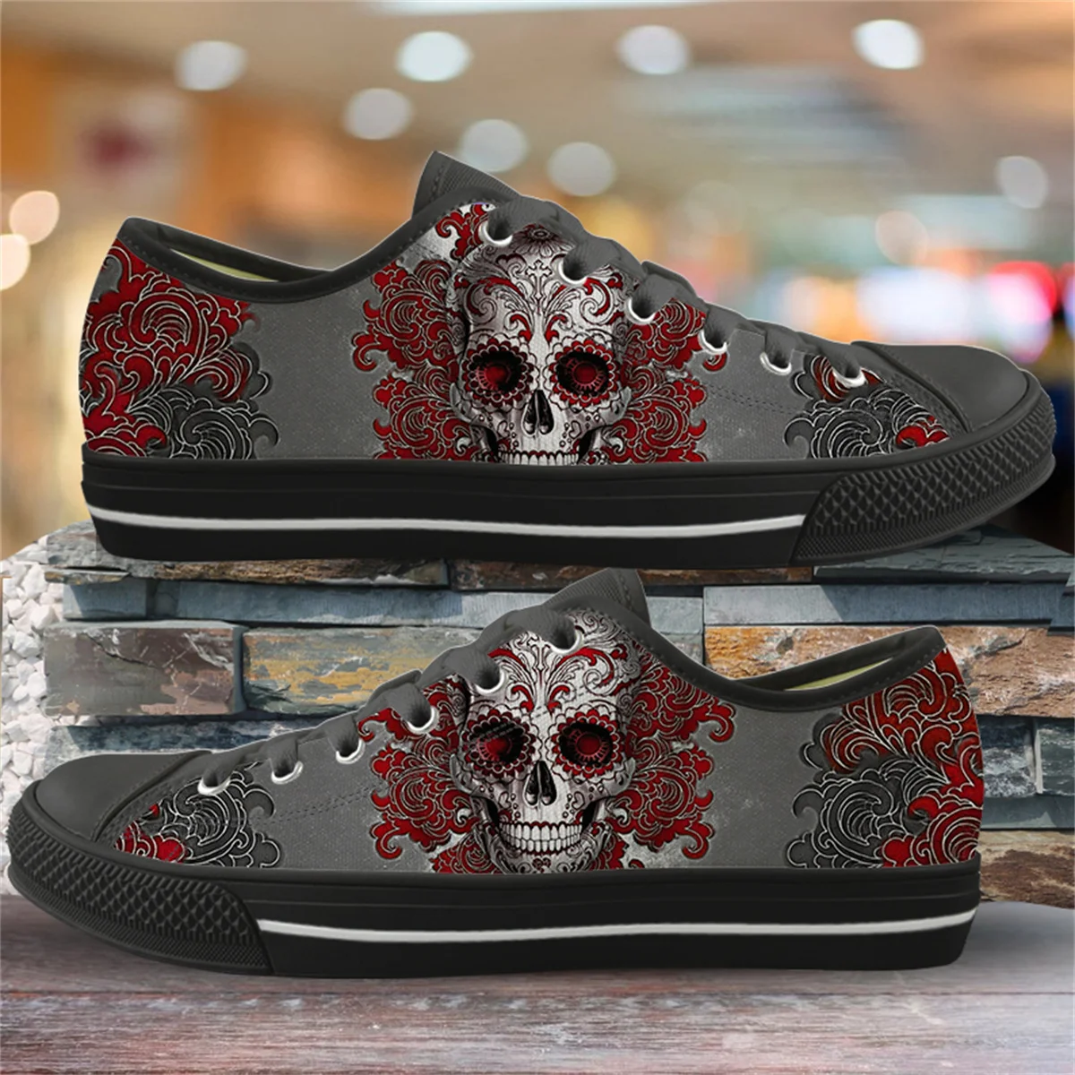 

Gothic Skull Print Lace Up Vulcanized Shoes Breathable Casual Ladies Canvas Flat Shoes Teenager Fitness Light Running Sneakers