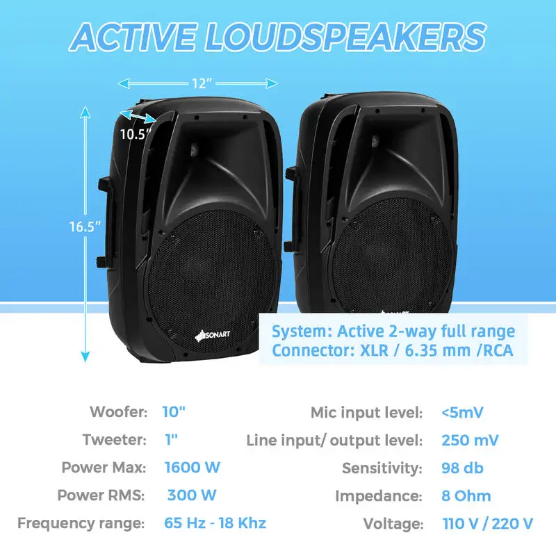 Dual 10 Inch Active PA Speaker System with Bluetooth, Wired Microphone, FM Radio, USB MP3 Player, LCD Display, Remote Control, Portable Handles for Home Party DJ Karaoke