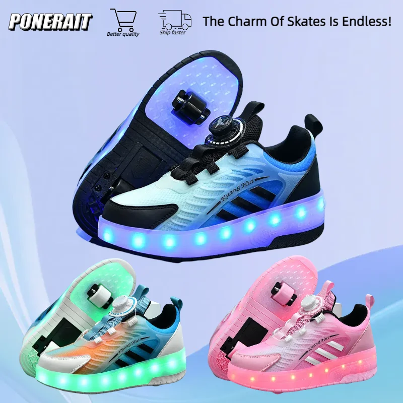 

New Boys' 2 Wheel Dual-use Luminous Roller Skates For Boys And Girls Students Outdoor Wheeled Sports Shoes