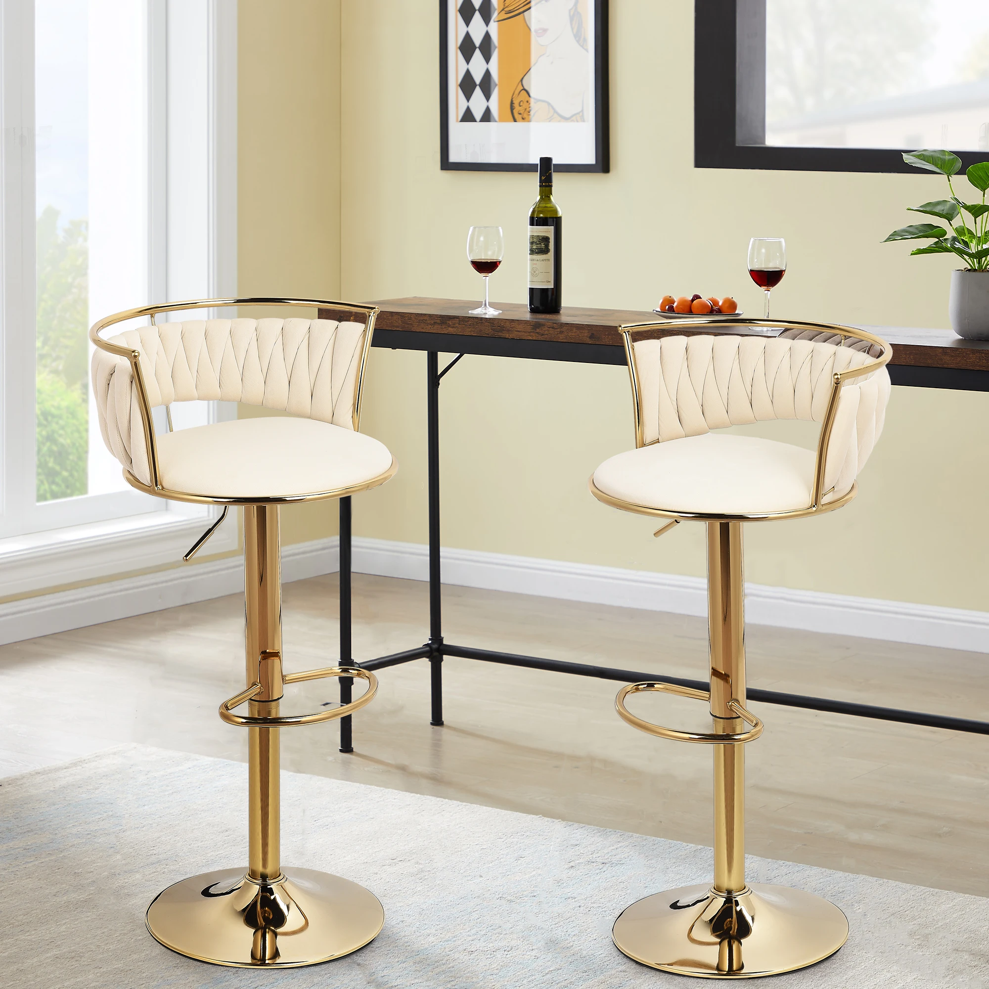 Juego de taburetes de bar de 2 piezas, silla, taburete de bar pequeño con respaldo, altura ajustable, taburete de mostrador de terciopelo y metal