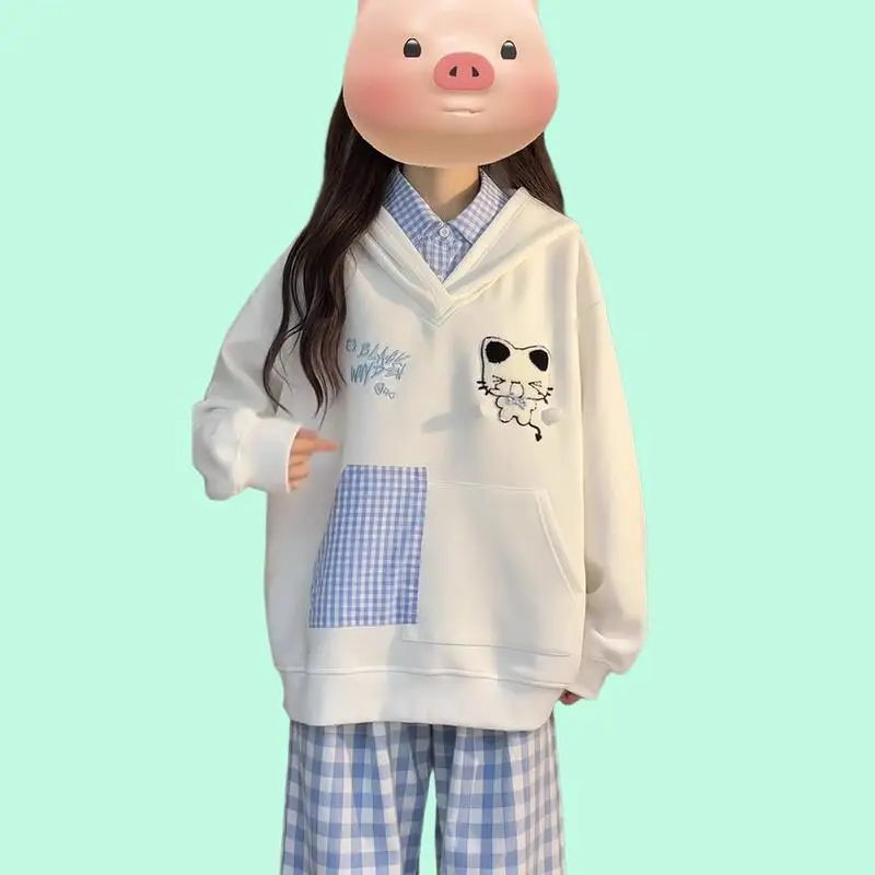 

New Embroideredfake Twopiece Hooded Sweatshirt for Men Women Casual Loose Fit College Style Collar Checkered Patchwork Tops