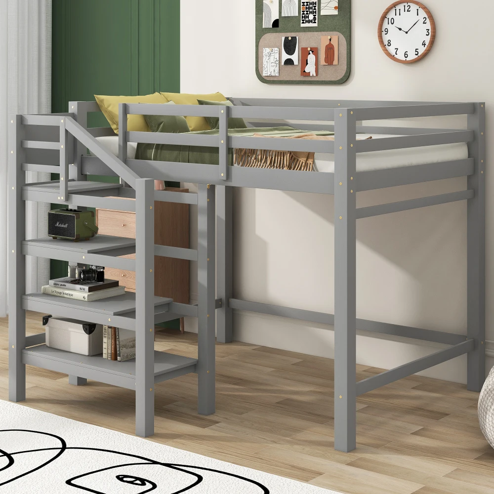 Full Size Loft Bed with Built-in Storage Staircase and Hanger Clothes,White Bed for Boys Bunk Beds for Kids Kids Bed Twin Beds