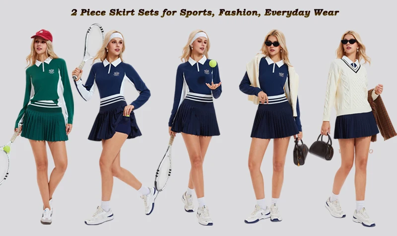 VITALINOVO Damen 2-teiliges Tenniskleid, hoch taillierter Faltenrock, Skorts, Reißverschluss, Farbblock, Golf-Poloshirts, Pickleball Athletic – Detail 1