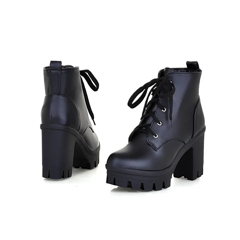 Big Size Winter Women Combat Platform Boots Black Pink High Block Heels Casual Party Office Lady Plush Lace Up Snow Ankle Boots