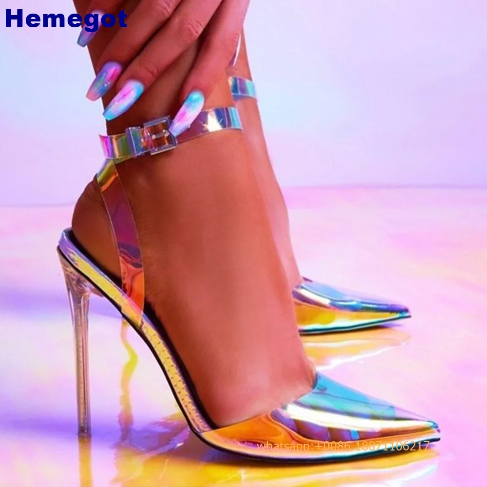 

Sexy Catwalk Colorful Pointed Pumps 2024 Summer New Luxury Banquet Dance Metal Stiletto Heels Fashion Ladies Buckle Sandals