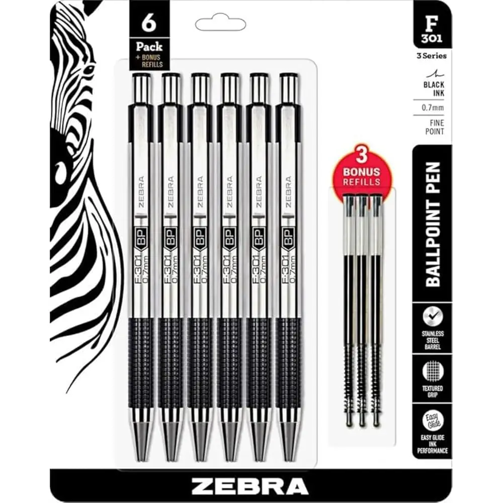 

Ручка шариковая выдвижная Zebra F-301 с корпусом из нержавеющей стали, тонкий стержень 0.7 мм - набор из 6 штук + 3 сменных стержня
